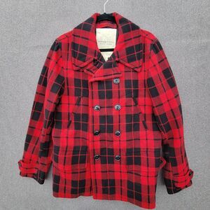 Denim Supply Ralph Lauren M Red Black Buffalo Plaid Double-breasted Pea Coat